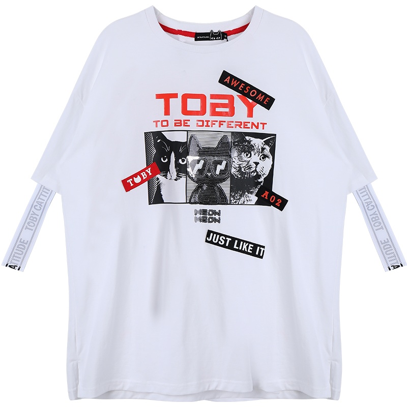 a02商场同款潮流街头风印花亮片飘带宽松T恤女D1U2C0A81KT