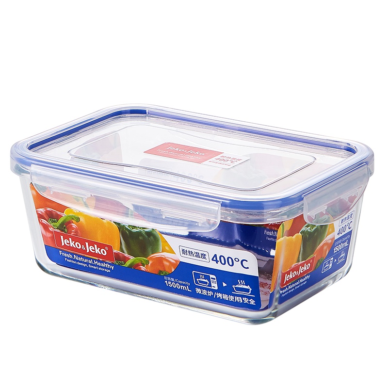 JEKO&JEKO 1500ml厨房冰箱玻璃饭盒微波炉密封碗耐热玻璃便当盒长方形保鲜盒SWB-6134