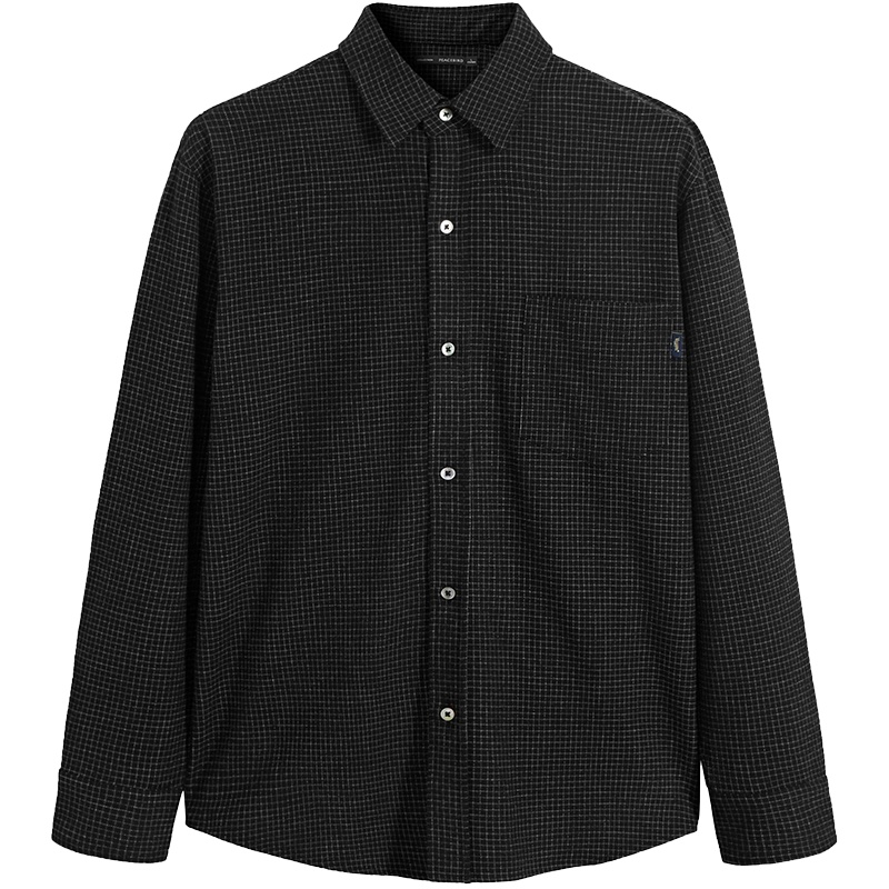太平鸟男装 格纹黑色衬衣潮流宽松休闲外套男港风长袖衬衫韩版#