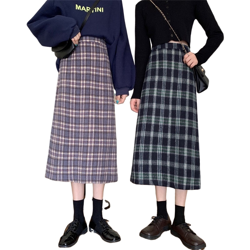 茜靓CHYLLIRN毛呢格子半身裙秋冬季女装2020新款中长款包臀裙高腰复古百搭裙子