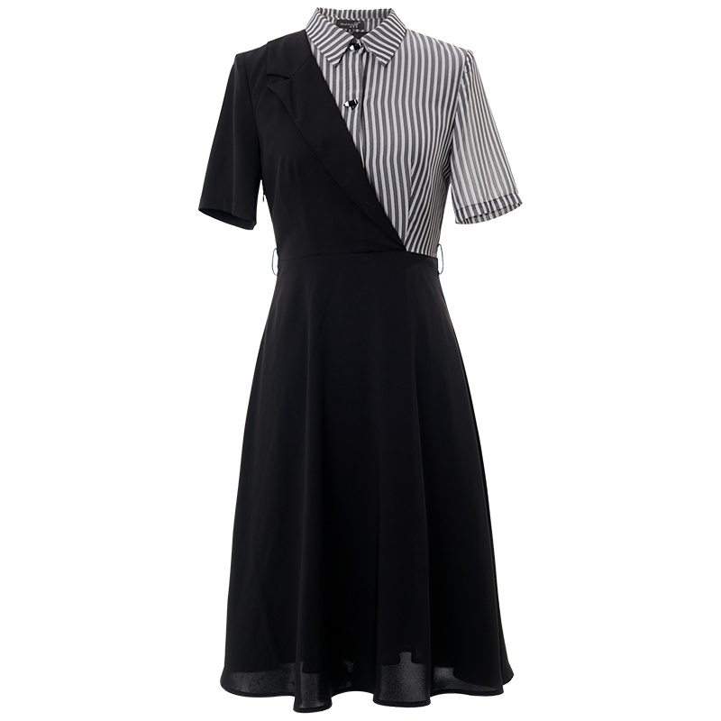 欧昵雪夏季设计感条纹衬衫领拼接收腰连衣裙子女假两件