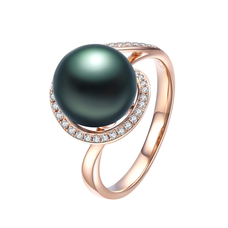 brir佰色传情正圆9-10mm高亮泽大溪地海水珍珠戒指18K金钻石正品