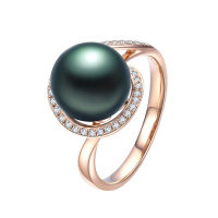 brir佰色传情正圆9-10mm高亮泽大溪地海水珍珠戒指18K金钻石正品