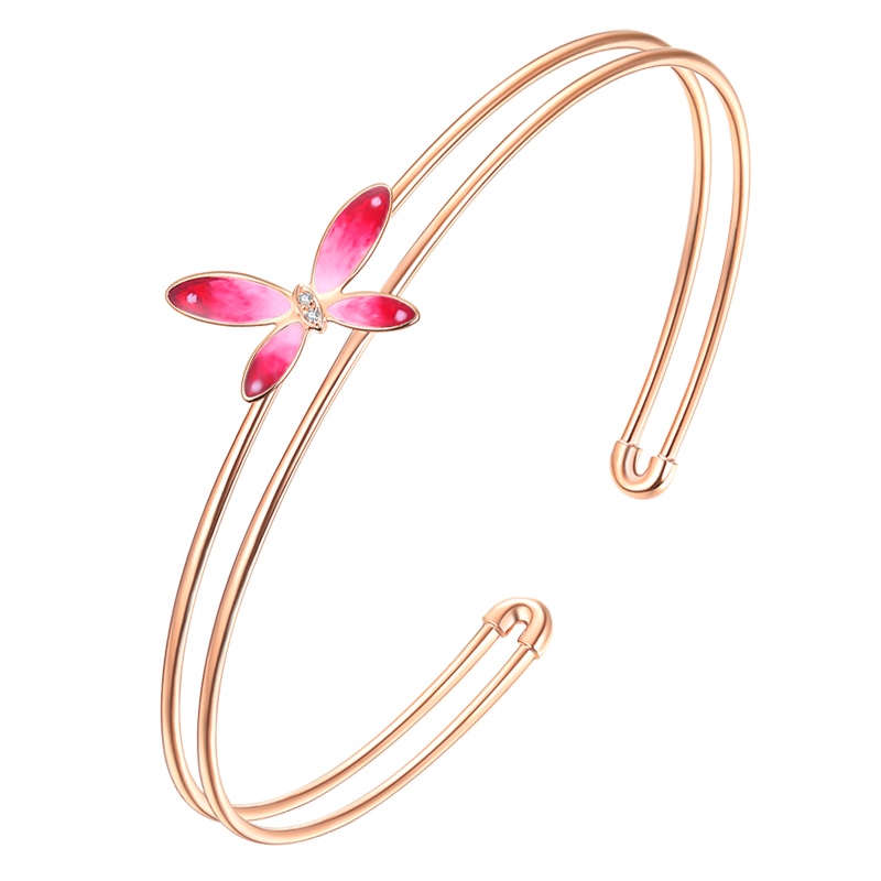 佐卡伊 18k玫瑰金钻石手镯蝴蝶造型彩金镶钻红珐琅手镯