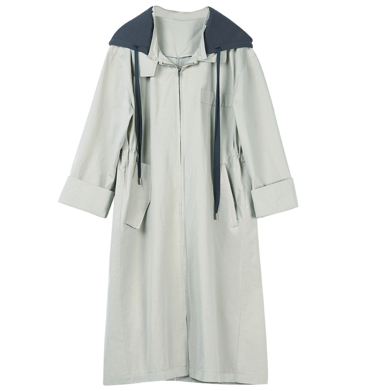 晚白2019秋季新品通勤百搭慵懒范纯色连帽领宽松中长款风衣外套女