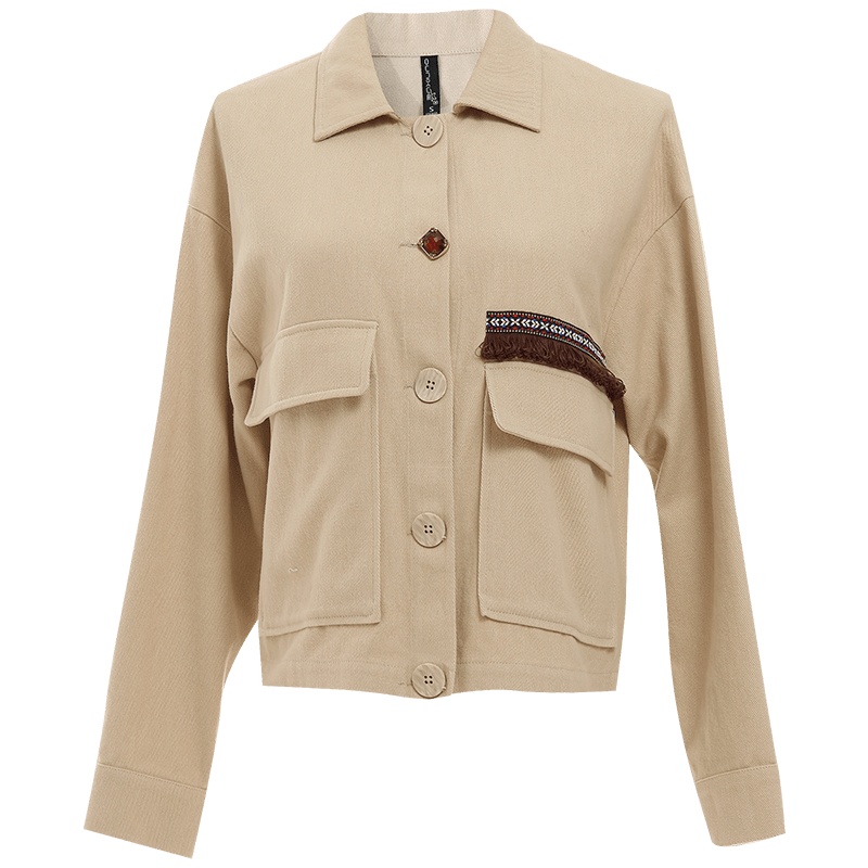 欧昵雪复古不对称口袋短款外套女显瘦长袖夹克