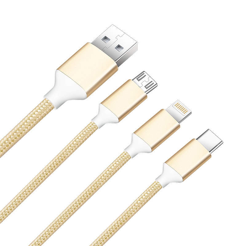 晶华 Type-C数据线 一拖三数据线 苹果数据线 安卓数据线 手机充电延长线 一分三通用充电线金色1.2米 U355D