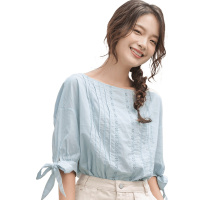 茵曼纯棉衬衫女2019夏装新款圆领绣花收褶系带落肩袖小清新上衣