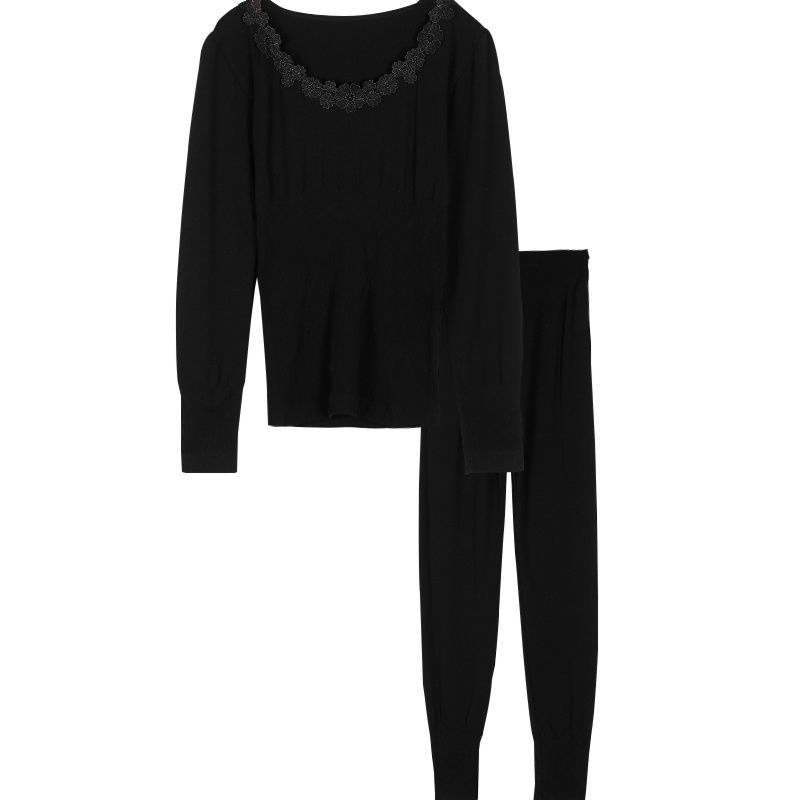 红豆(HODO)女士秋衣秋裤无侧缝高密高弹美体套装 拼接花边领性感百搭保暖内衣女