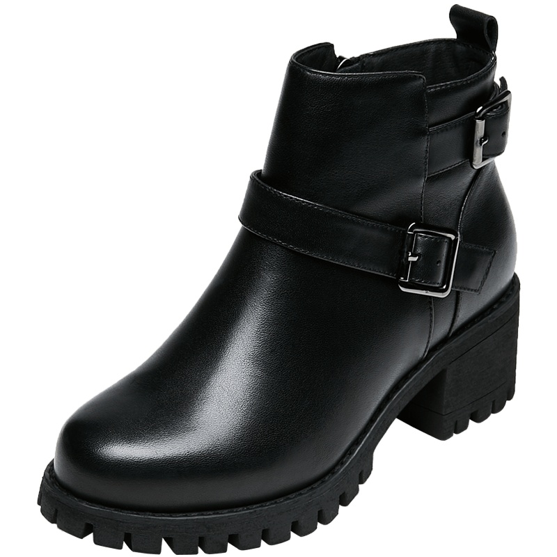 康奈女鞋 冬季纯色圆头侧拉链粗跟短靴女潮流休闲百搭女靴1278005