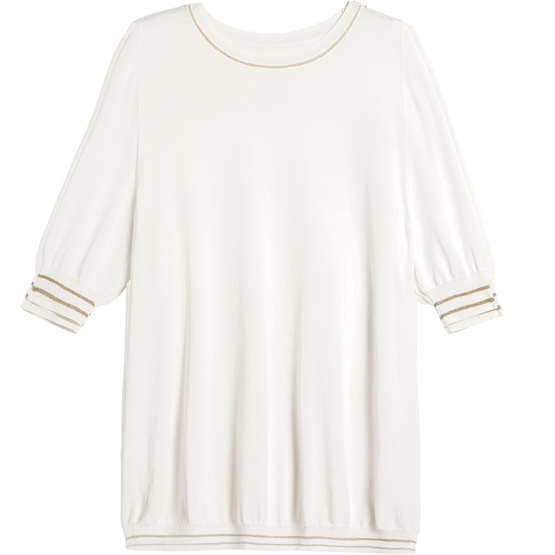 OSA2019夏装欧莎新款圆领宽松打底衫薄款撞边亮丝白色T恤上衣女