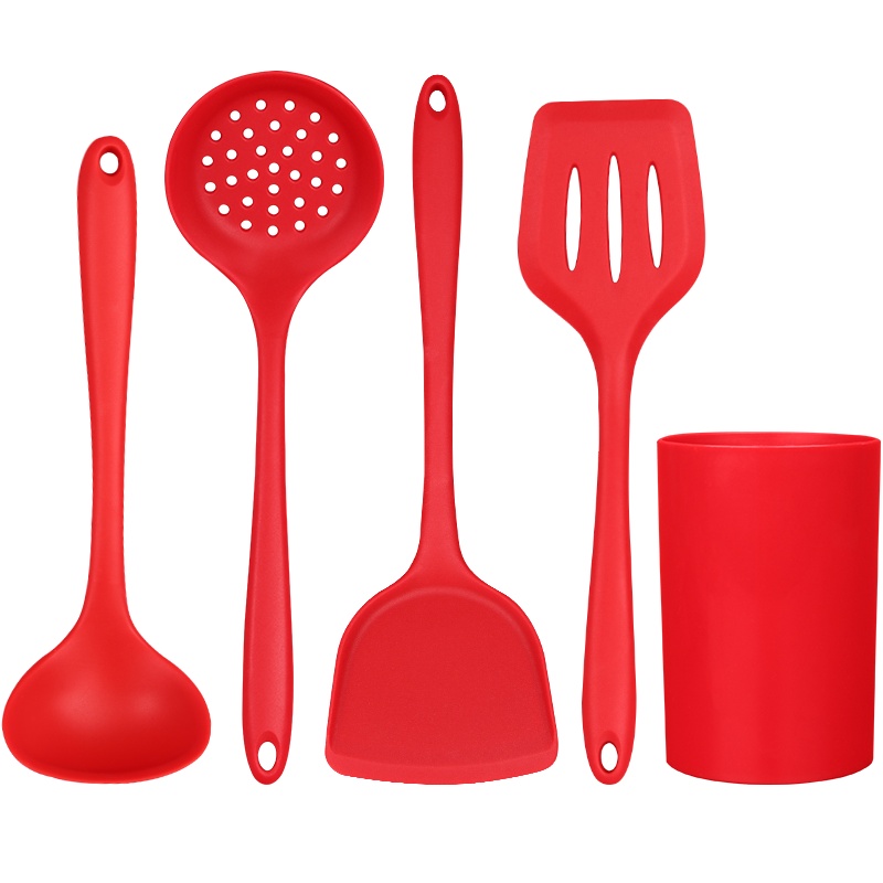拜杰硅胶锅铲套装耐高温防烫不粘锅硅胶汤勺铲子漏勺煎铲套筒红色铲勺套装五件套