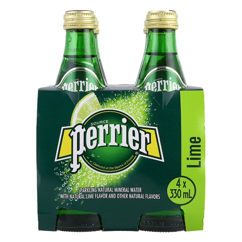 巴黎水(Perrier) 青柠味 330ml*4玻璃瓶 气泡水 含气天然矿泉水