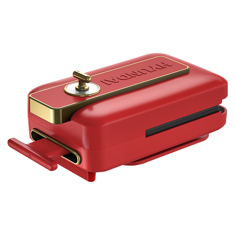 Hyundai三明治早餐机神器家用吐司压烤机小型面包机多功能轻食机[标配+华夫饼+鲷鱼烧]锦葵红