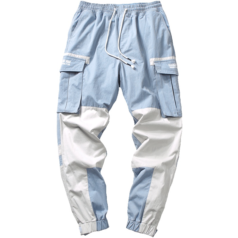 Guuka雾霾蓝多口袋工装裤女宽松bf风嘻哈拼接运动束脚裤女ins潮牌