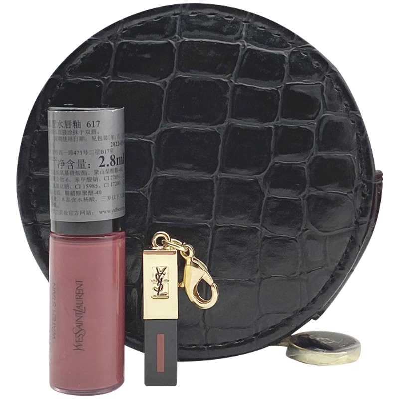 圣罗兰迷你唇釉套装（黑管水唇釉2.8g 617+黑色皮革压纹气垫包+黑管唇釉挂件）