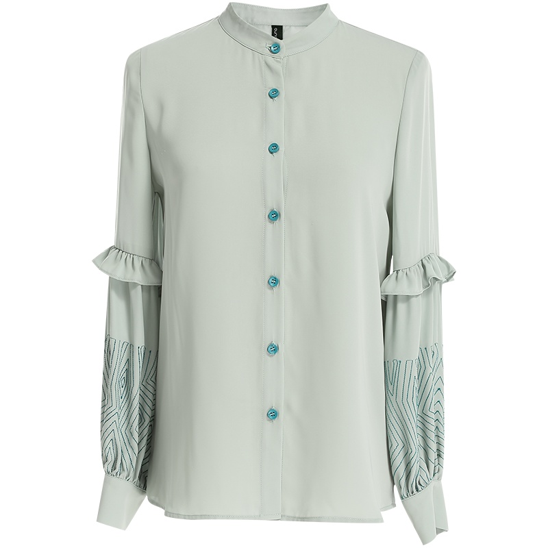 欧昵雪木耳边拼接明线绣花长袖立领衬衫上衣女衬衣