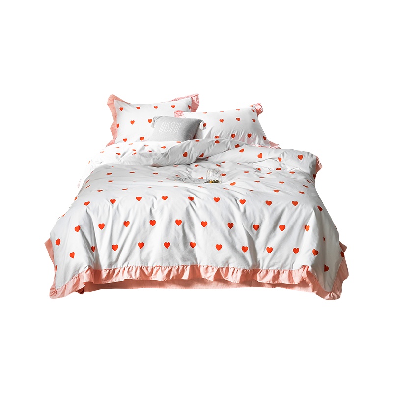 北极绒 全棉印花四件套纯棉小清新花边套件1.5m1.8m双人床上用品宿舍被套床单