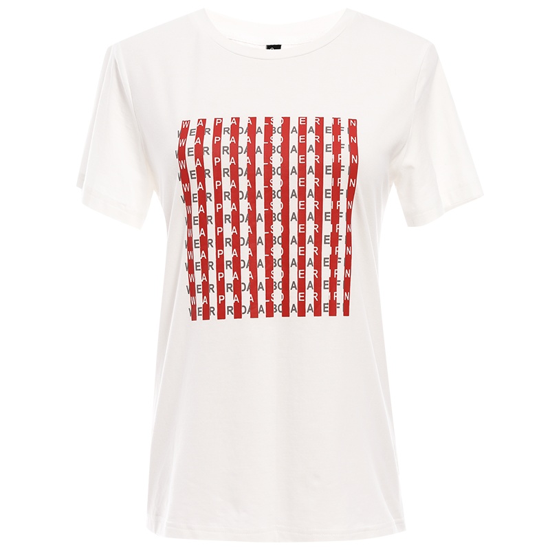 欧昵雪夏季圆领条纹字母印花短袖T恤女宽松显瘦打底上衣