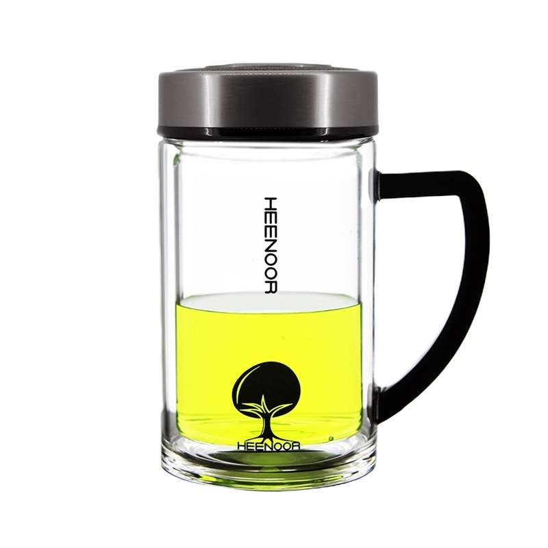 希诺玻璃杯双层带盖办公茶杯带手柄透明水杯XN-6620 无色透明