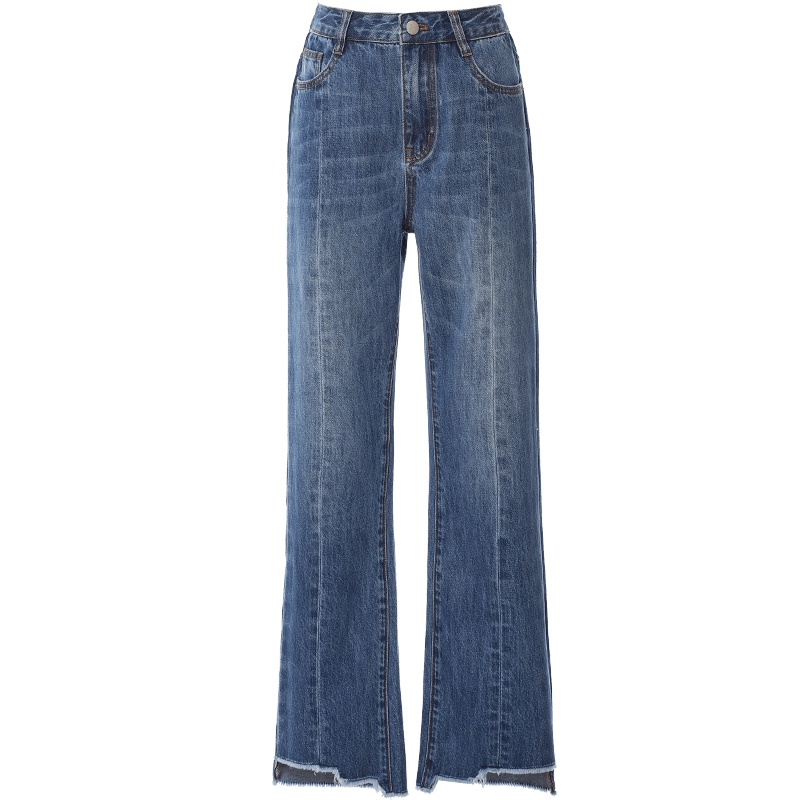 欧昵雪秋装高腰不规则毛边微喇叭牛仔裤女宽松显瘦九分裤