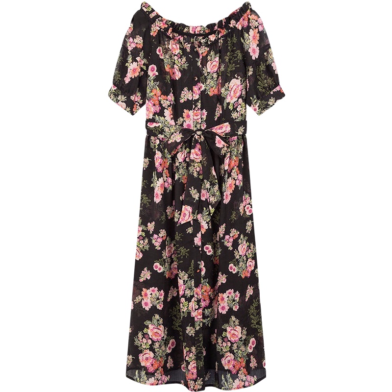 拉夏贝尔Candie's夏季女装新韩版收腰系带显瘦雪纺中长款连衣裙女30082147