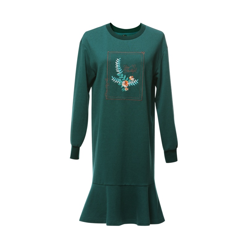 欧昵雪秋装圆领套头字母绣花长袖连衣裙女宽松卫衣鱼尾裙