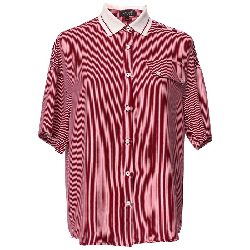 欧昵雪夏季罗纹撞色polo领宽松条纹衬衫女显瘦短袖上衣