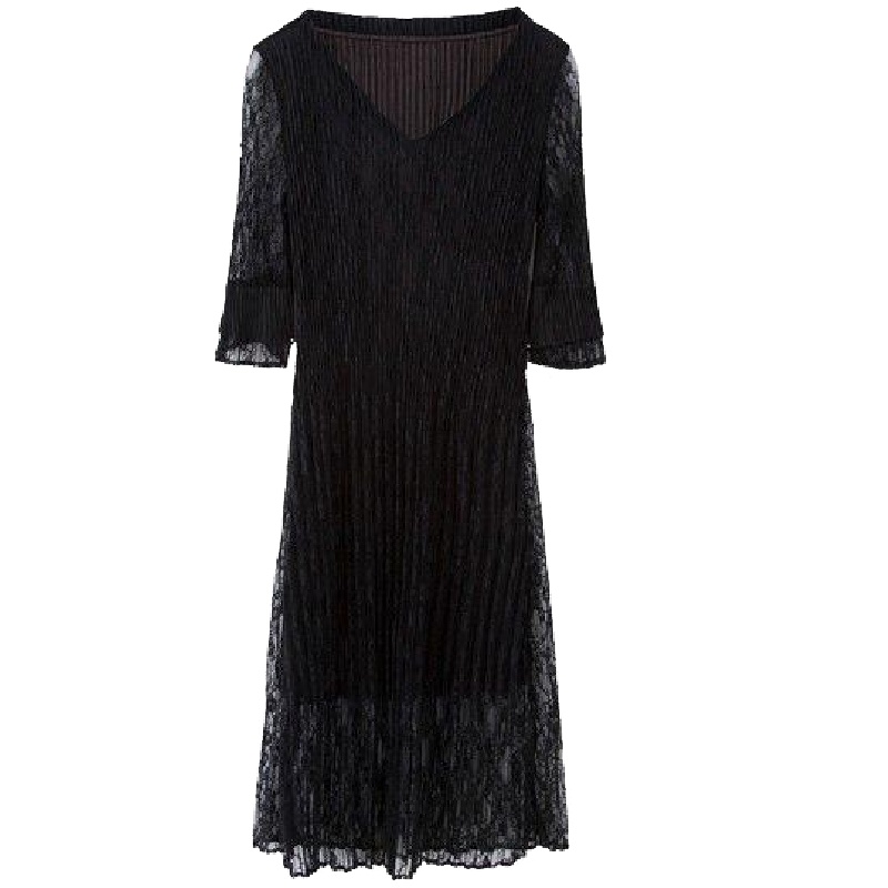 新款拉夏贝尔连衣裙女生秋冬秋韩版高腰百褶裙镂空五分袖中长裙子女10017647