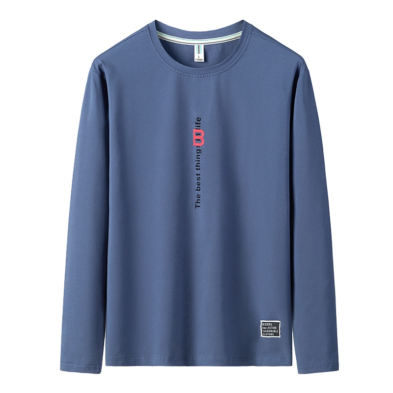 LEEVIRHINO秋冬新款男士t恤男圆领棉质高弹力长袖体恤男士休闲百搭时尚印花男士T恤男大码男装衣服李维犀牛