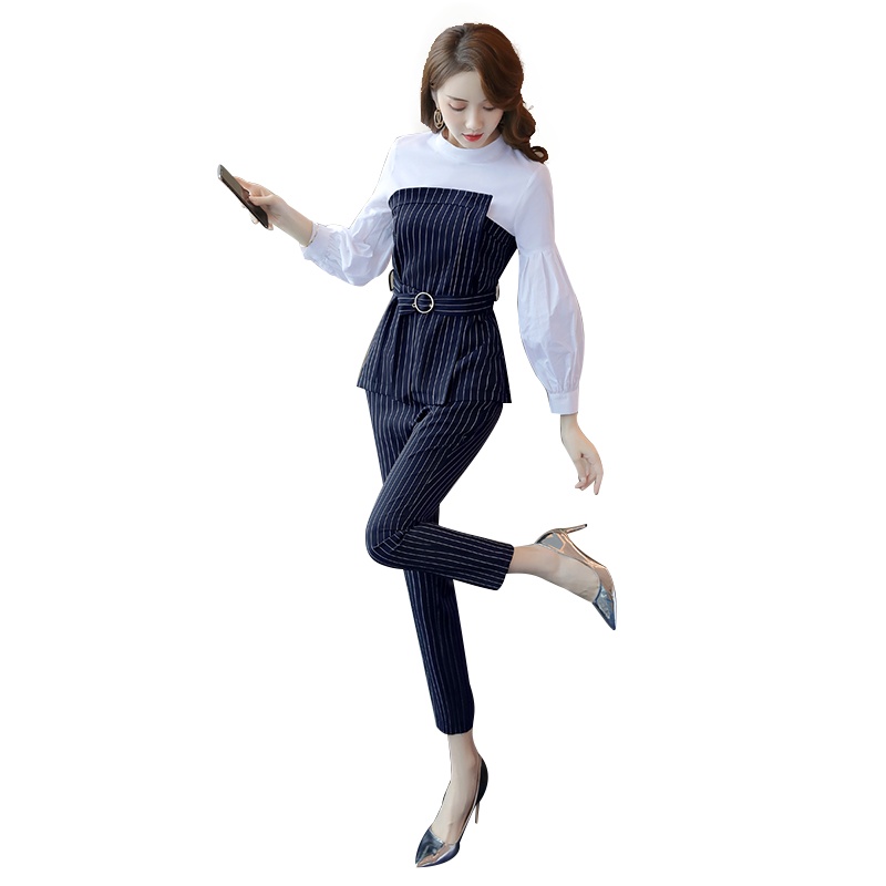 丝柏舍2019秋季女装收腰上衣搭裤子式条纹气质套装S93R4870N