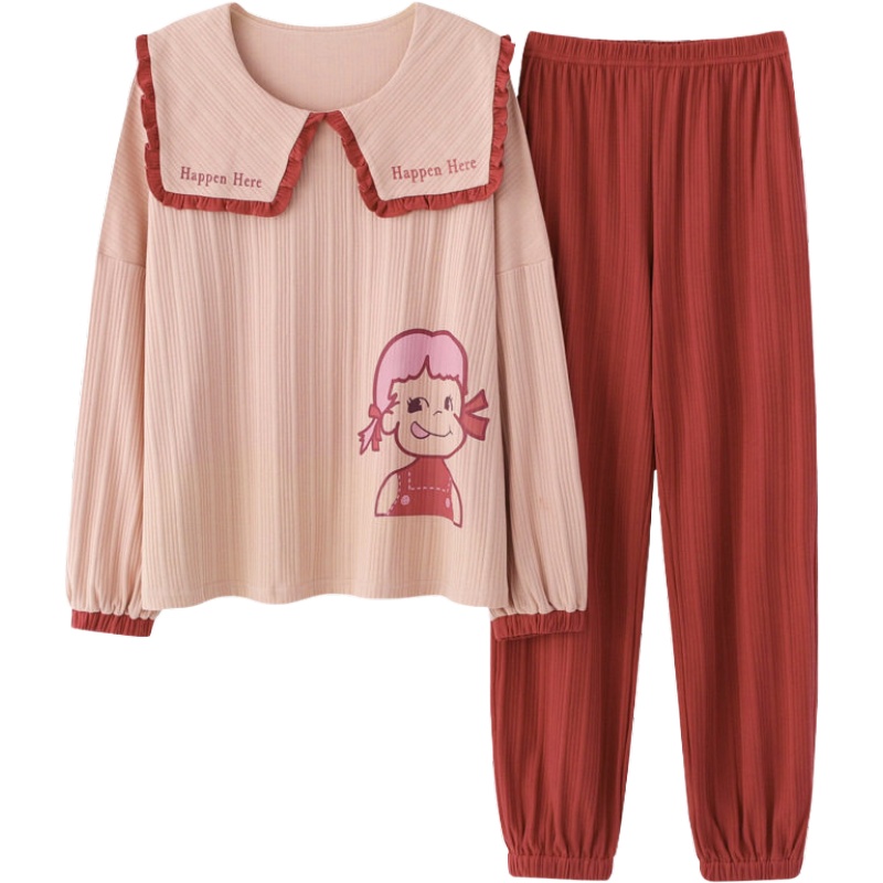 俞兆林女睡衣二件套卡通睡衣可爱少女秋冬季长袖罗纹纯棉抽条学生家居服套装