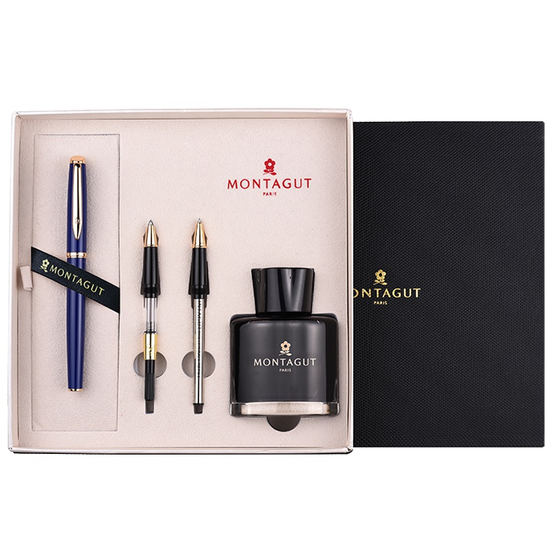 梦特娇(Montagut)深蓝丽雅金夹钢笔+特细笔尖+宝珠笔尖+墨水套装 签字笔 签名笔 墨水笔 白领钢笔礼盒装