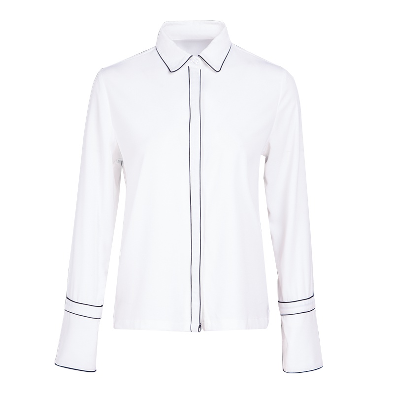 女上装2019春季新款优雅撞色边纯色翻领长袖职业上衣雪纺衫衬衫