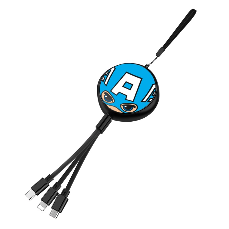 漫威伸缩收纳MV-231美队一拖三数据线三合一充电线器手机快充多头通用车载苹果多功能套装typec安卓伸缩多用