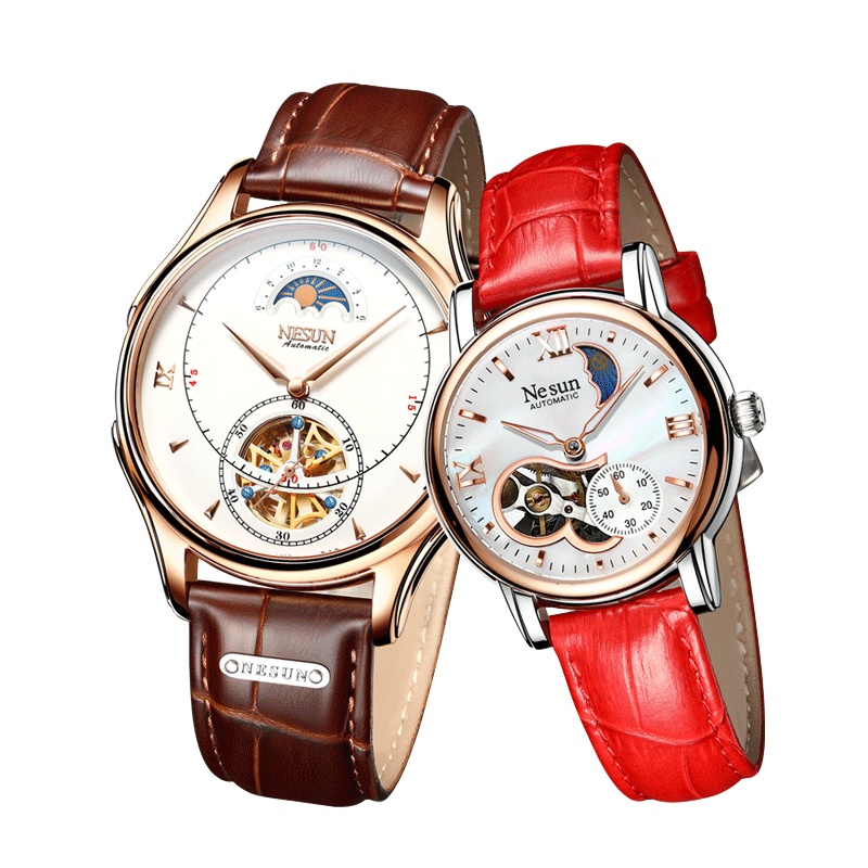 正品尼尚(NESUN)情侣手表男女自动机械表 男女表情侣时尚潮韩版真皮防水情侣表一对价镂空款909-Y