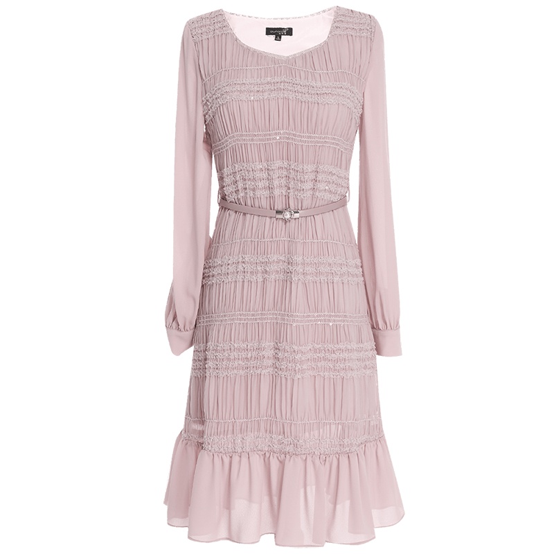 欧昵雪淑女花边圆领显瘦收腰雪纺连衣裙女长袖中裙