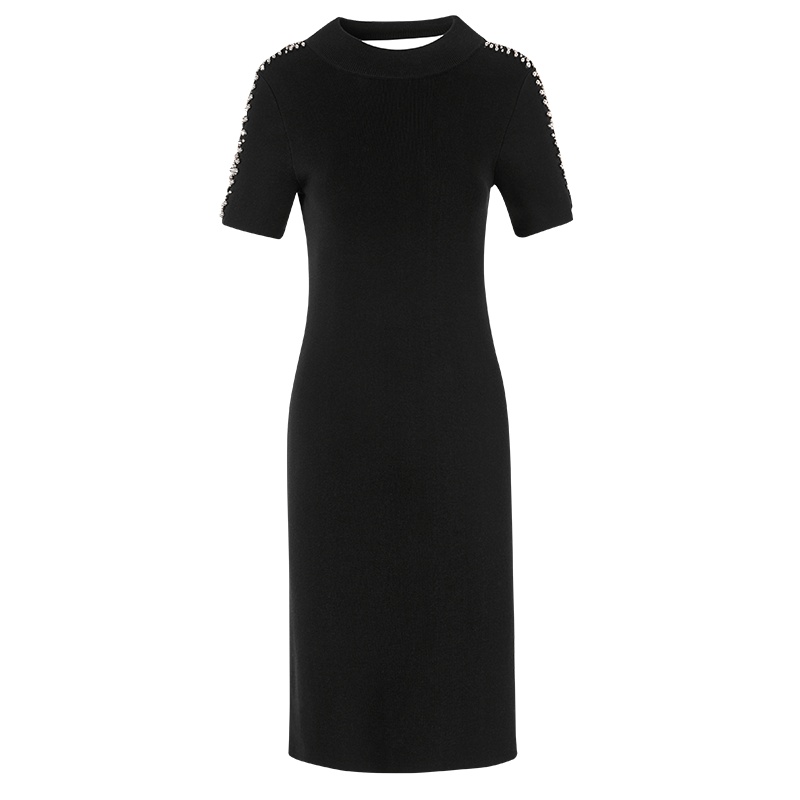 晚白2021春季新品时尚修身显瘦纯色立领短袖包臀裙针织连衣裙女