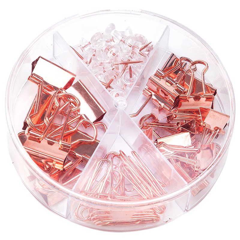 得力玫瑰金三针一钉办公组合工字钉回形针长尾票夹组合装桌面小工具金属多功能资文件夹图钉带盒78553