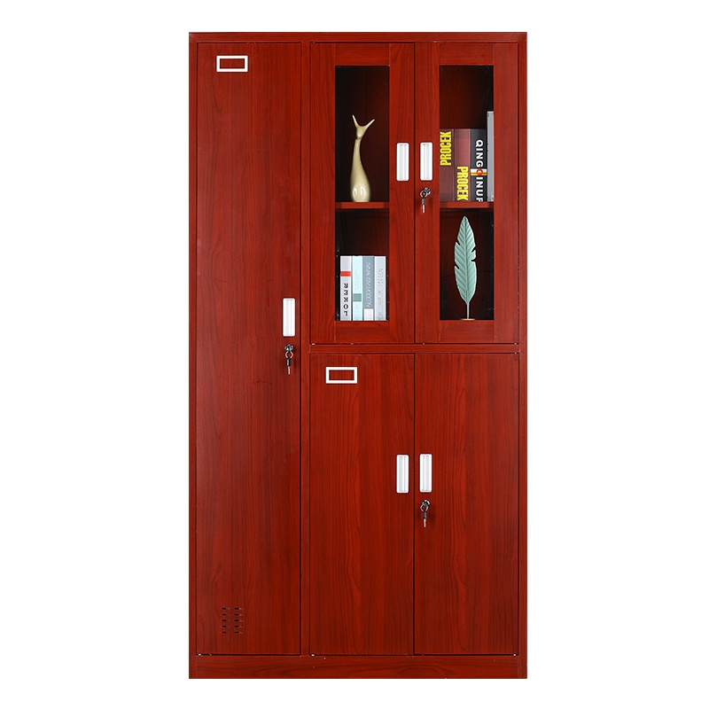 办公室文件档案储物柜红木纹家用书柜玻璃铁皮柜子钢制财务转印柜右玻五门