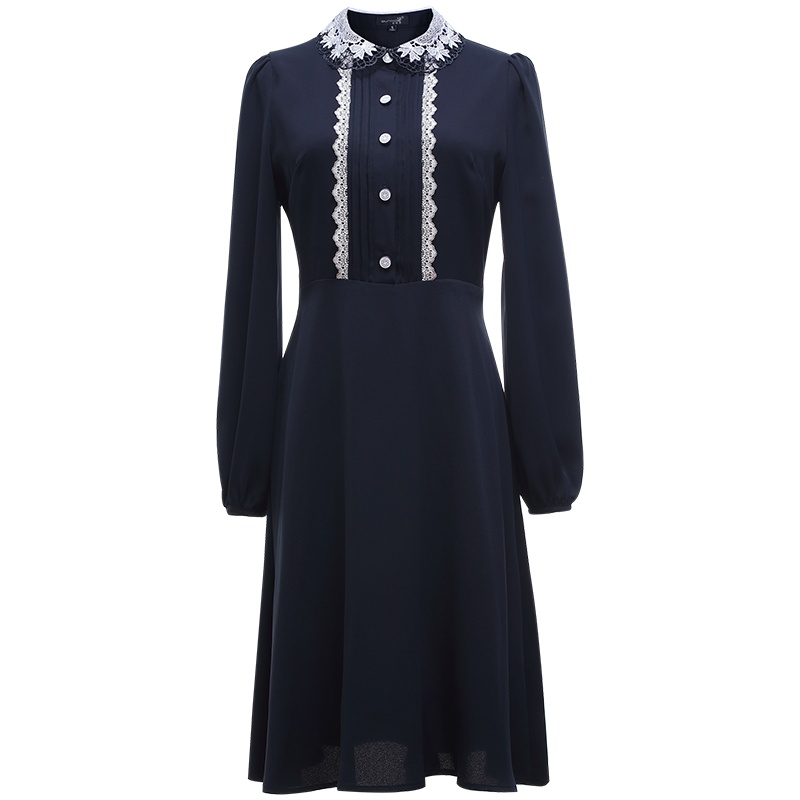 欧昵雪娃娃领蕾丝拼接花边收腰连衣裙女显瘦灯笼袖中裙