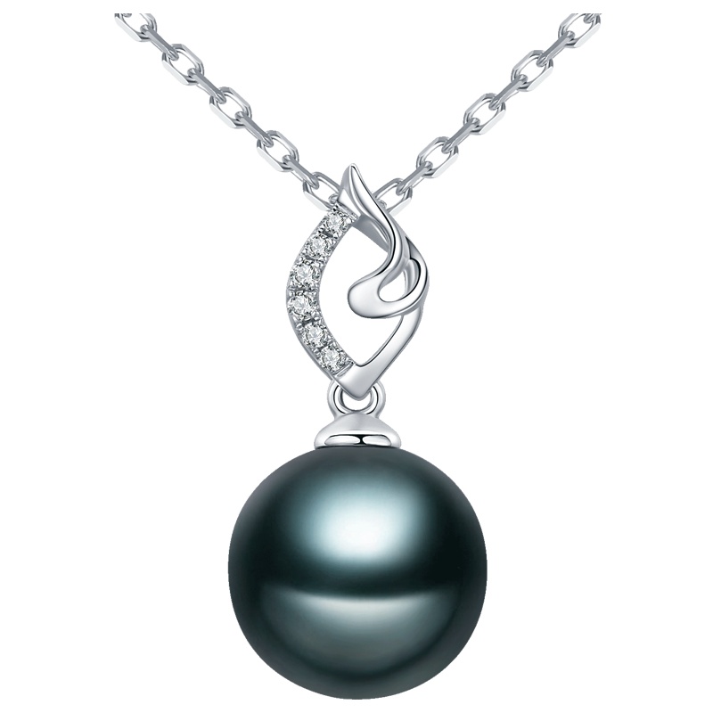 brir 佰色传情 正圆9-10mm大溪地黑海水珍珠吊坠正品女18k金钻石