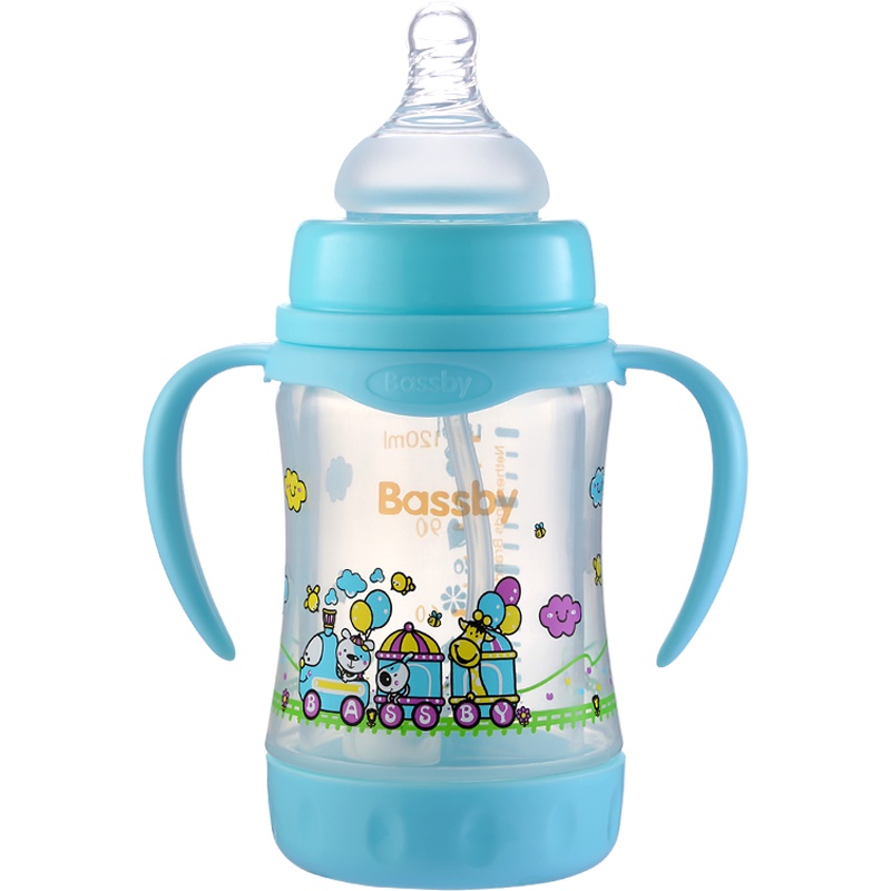 贝斯比bassby 宽口弧形玻璃防爆两用自动奶瓶120ml带PP防护套粉蓝