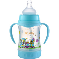 贝斯比bassby 宽口弧形玻璃防爆两用自动奶瓶120ml带PP防护套粉蓝
