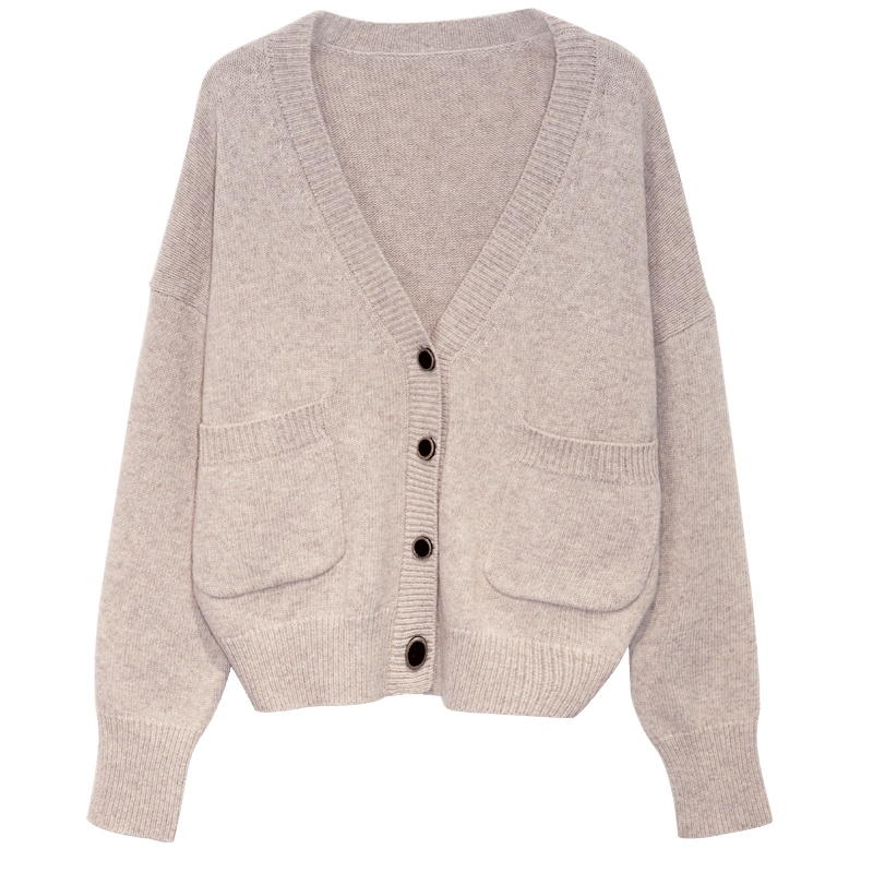 金菊秋冬新款毛衣V领纯色口袋百搭羊毛衫女