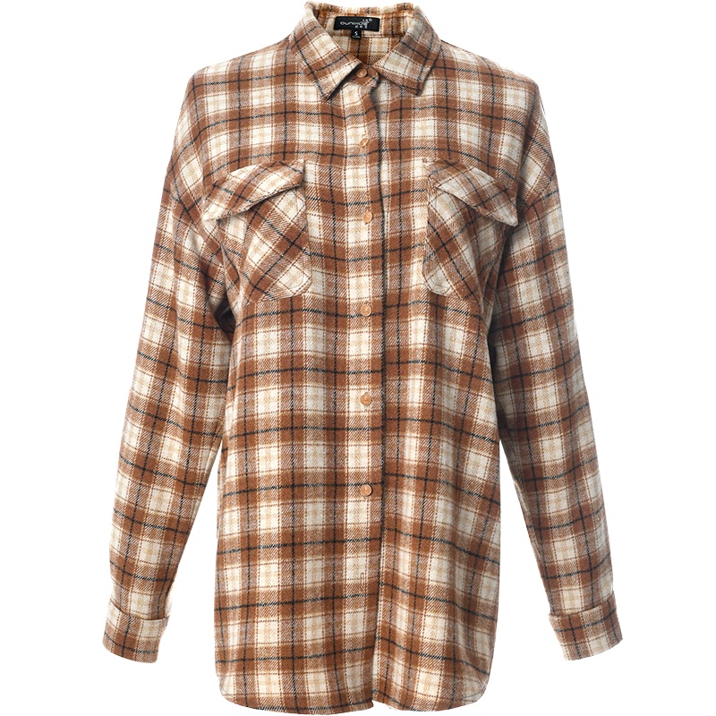 欧昵雪秋冬装复古Polo领格子开衫上衣女厚款显瘦外穿衬衫