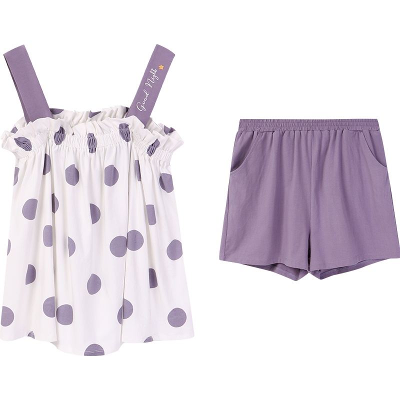 安之伴睡衣女夏冰爽棉印圆点吊带女套装