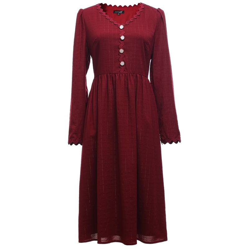 欧昵雪通勤复古V领收腰显瘦连衣裙女气质长袖a字中裙