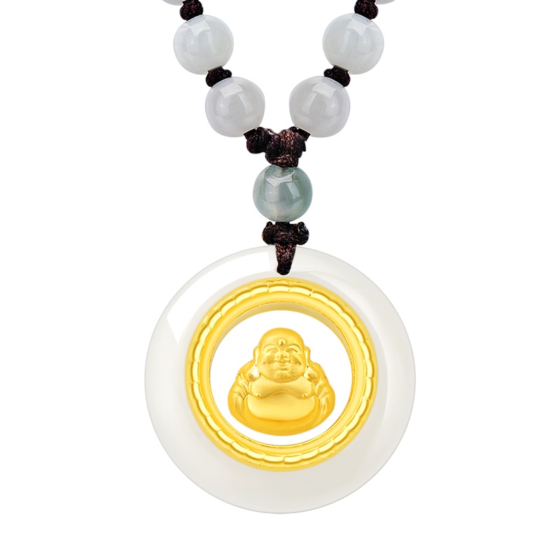 蒂蔻 时来运转弥勒佛祖金镶玉黄金吊坠男女款足金和田玉镶嵌翡翠珠套链挂坠宝宝小孩适戴新年礼物生日