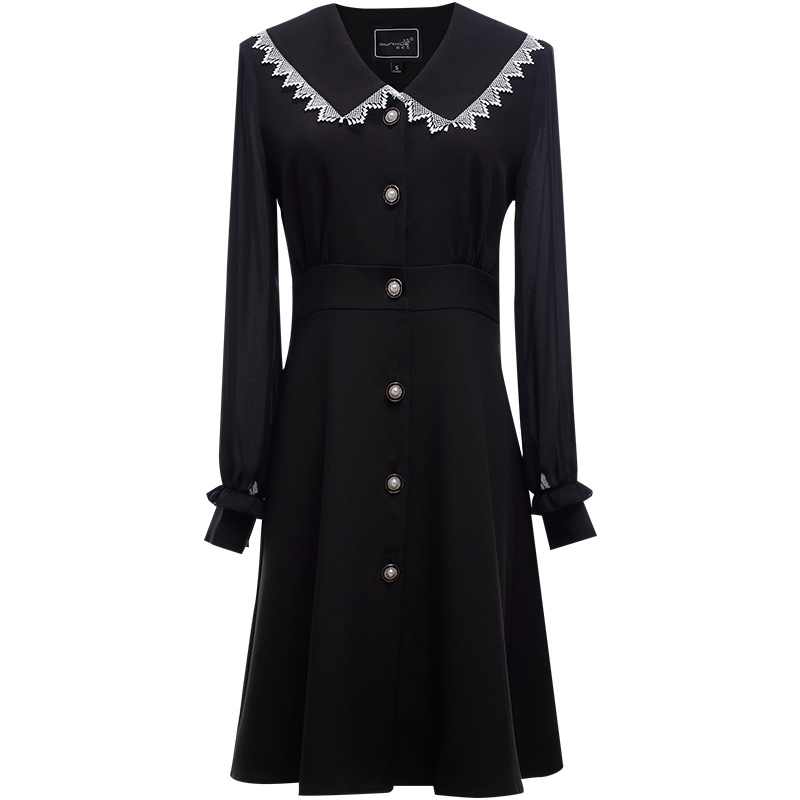 欧昵雪法式花边娃娃领长袖收腰连衣裙女显瘦a字裙